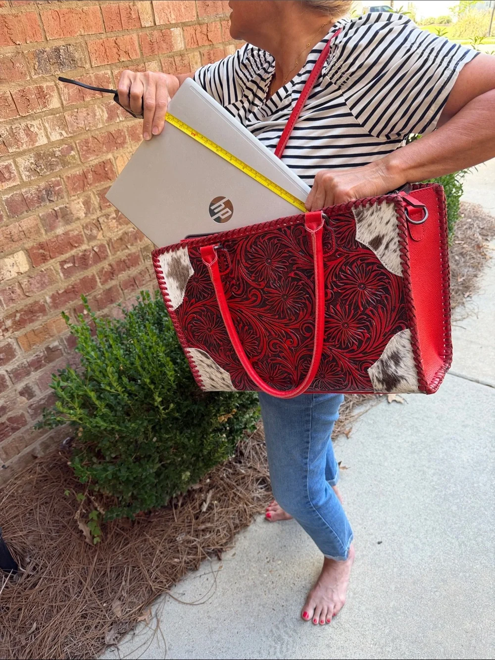 Women's Red Tooled Leather Tote with Hair-on-Hide Accents